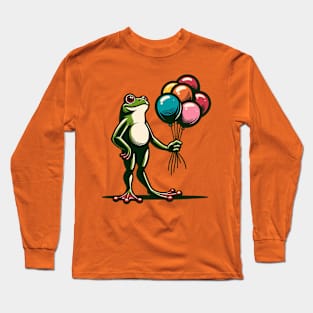 A frog holding a bunch of colorful balloons Long Sleeve T-Shirt